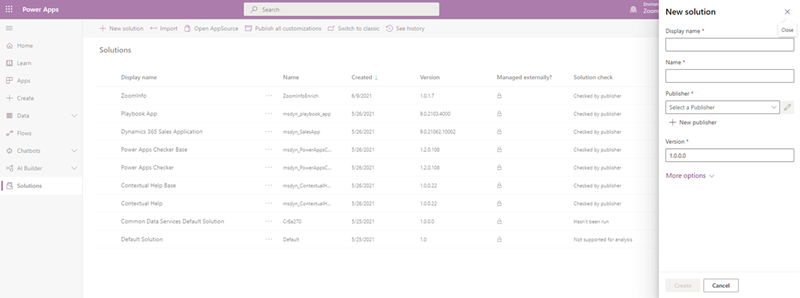 Screenshot of entering new solution information.
