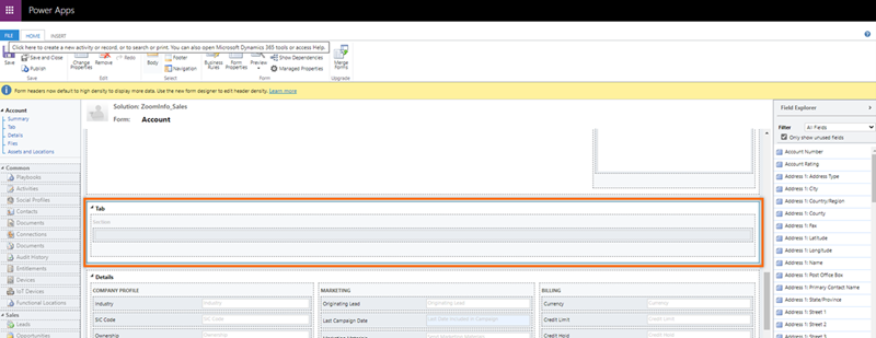 Screenshot of the selected One column added to the form.