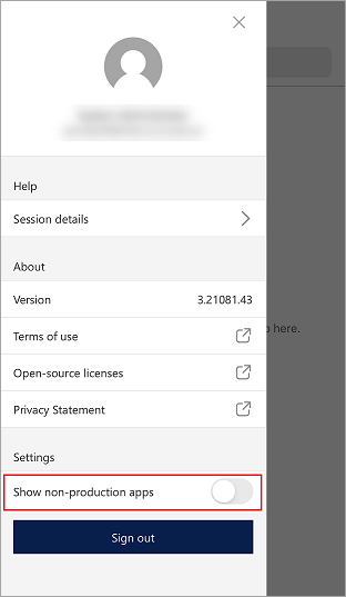 Screenshot of the Show non-production apps toggle in the Dynamics 365 Sales mobile app settings.