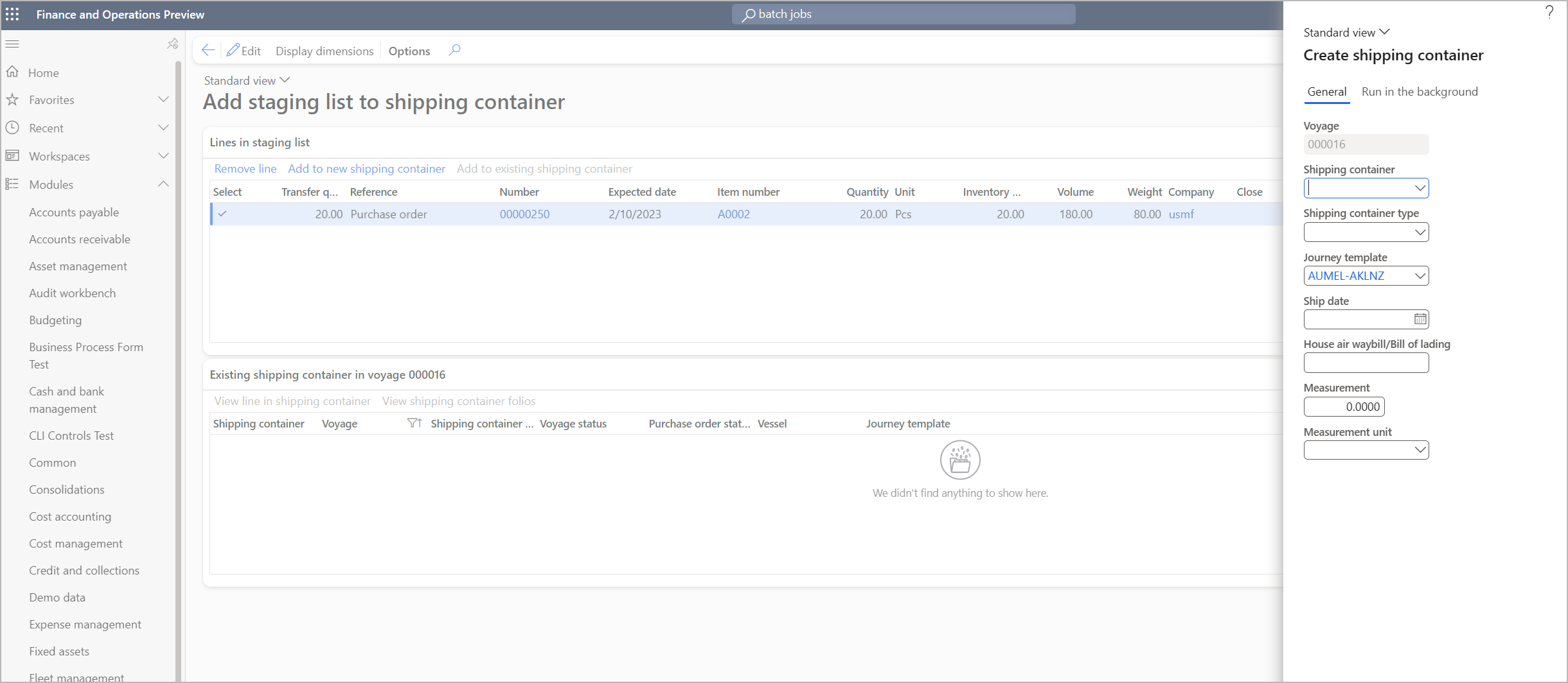 Create shipping container dialog box Create shipping container dialog box.