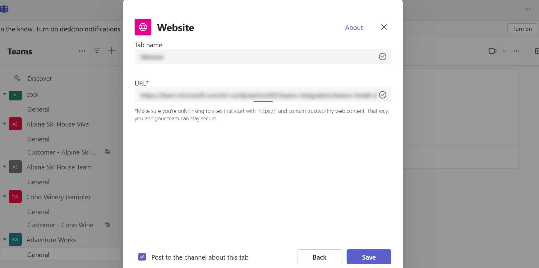 Screenshot of entering the name and URL for the tab in the Website app.