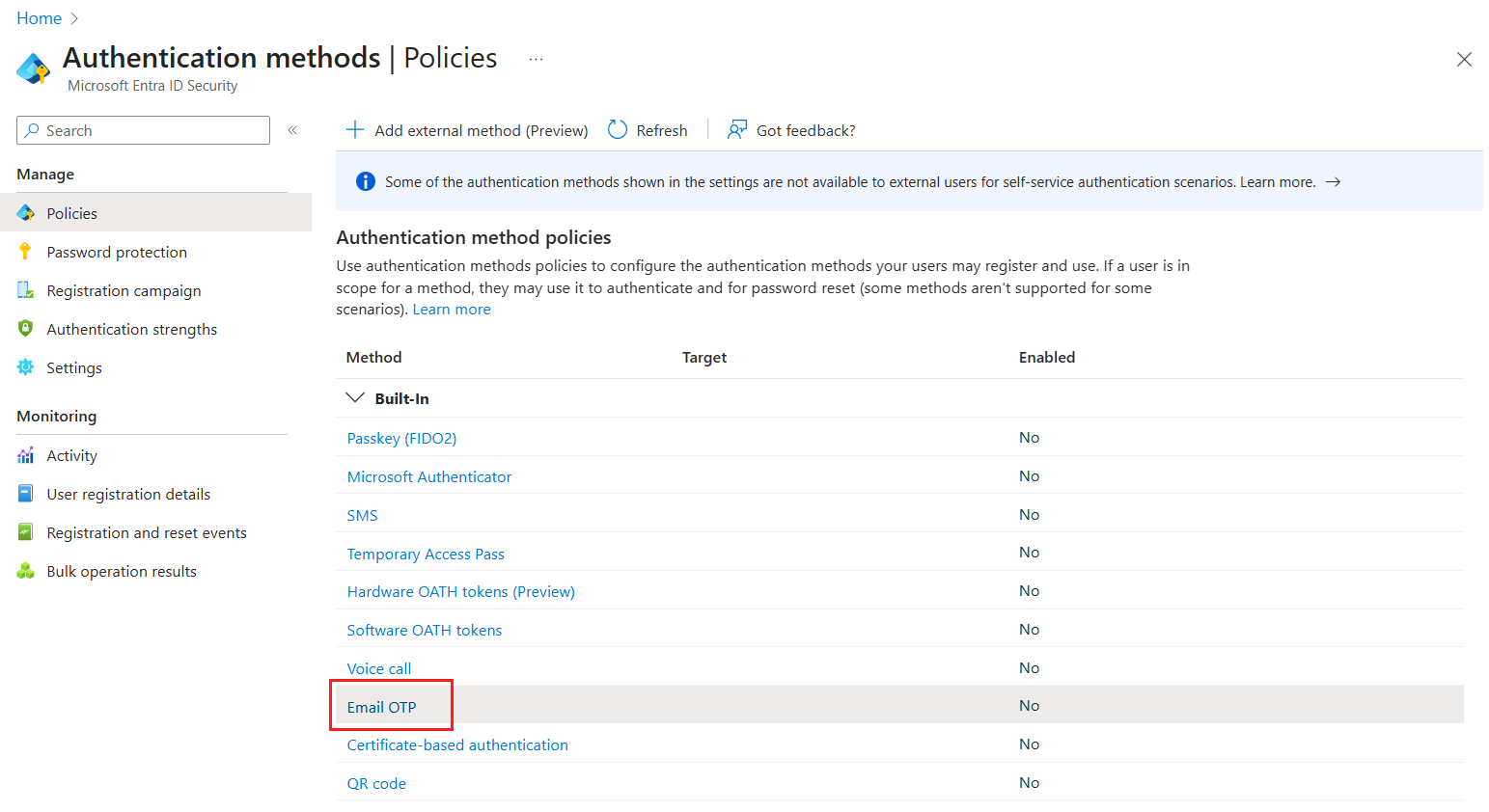 Screenshot that shows authentication methods.
