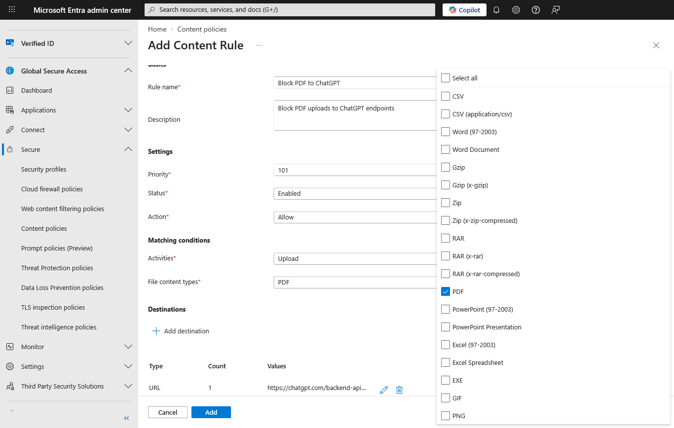 Screenshot of the Add Content Rule page showing the Matching conditions section with Activities set to Upload, and the Content types dropdown expanded with PDF selected.