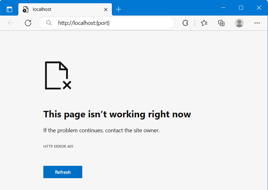 Screenshot that shows the 401 error when the web page is launched.