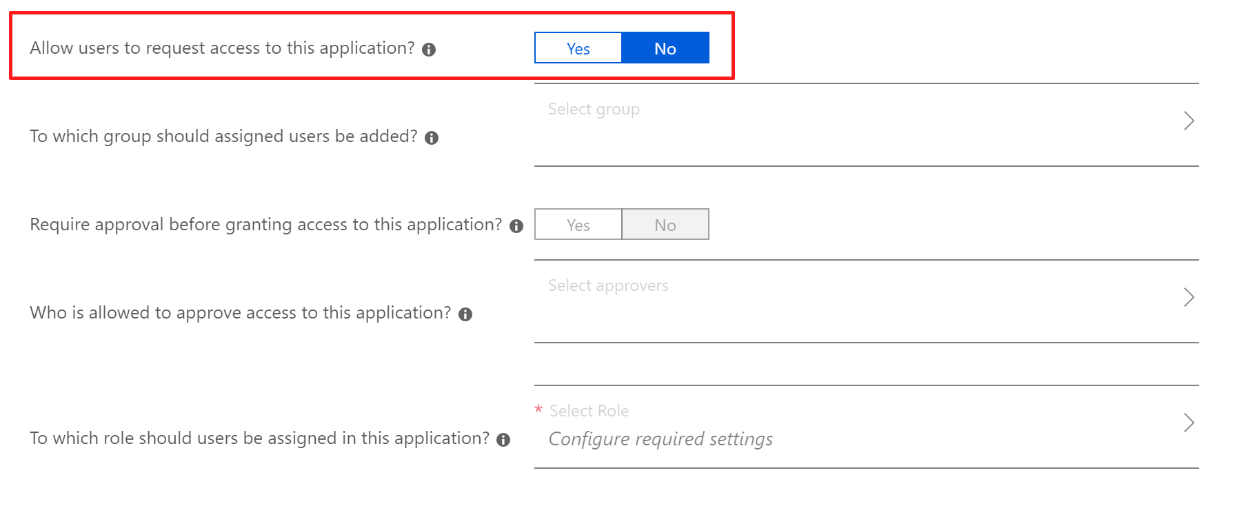 Self-service application access settings dialog in application properties.
