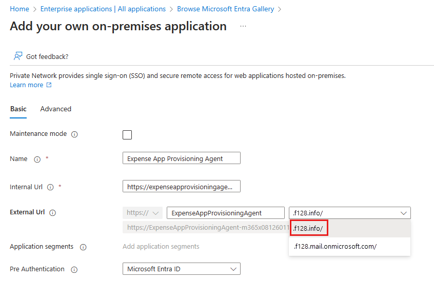 Application proxy configuration page showing custom domain field and certificate settings.