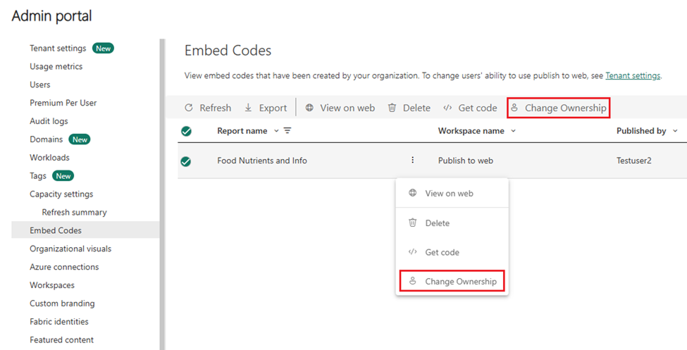 Screenshot of the highlighted Change Ownership button and menu.