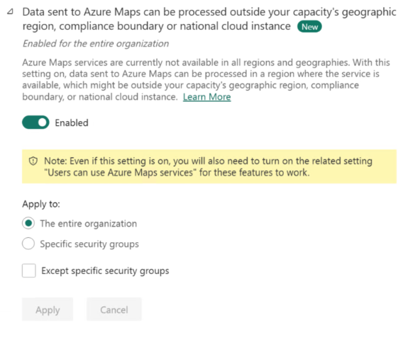 A screenshot of the Azure Maps global data processing settings.