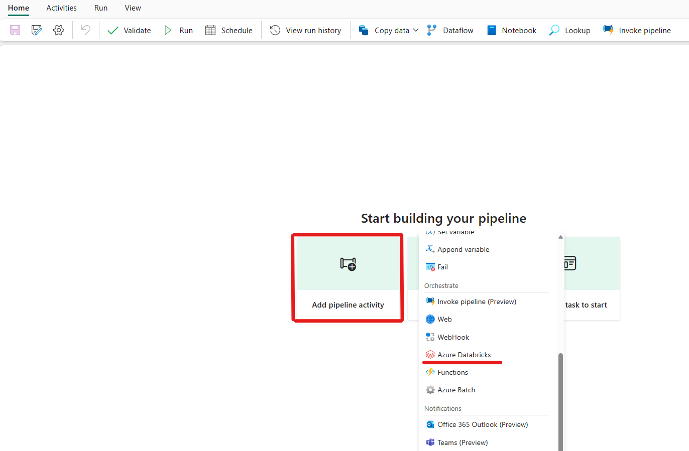 Screenshot of the Fabric pipelines landing page and Azure Databricks activity highlighted.