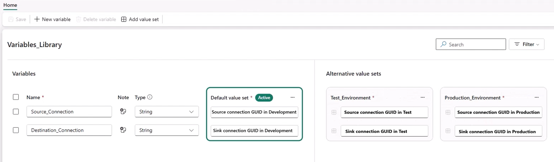 Screenshot of creating Variable library for Copy job.