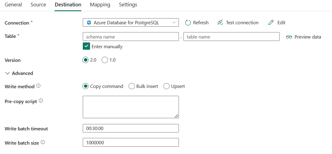 Screenshot showing destination tab and the list of properties.