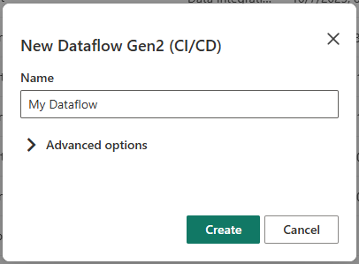 Screenshot of the New Dataflow Gen2 (CI/CD) dialog with the Name field and Create button.