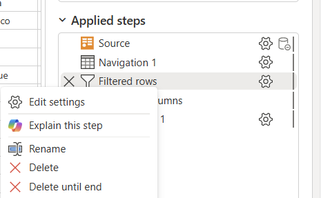 Screenshot of the right-click context menu for a step showing the entry for the Copilot explain this query experience.