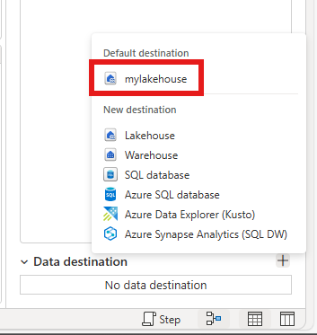 Screenshot of the Dataflow Gen2 editor with the option to bind the default destination in the query settings.