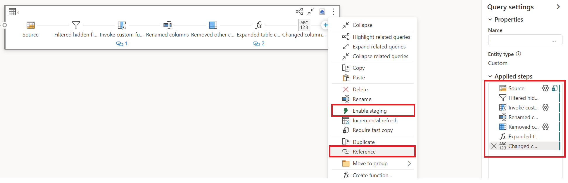 Screenshot showing the selections required to reference your fast copy query with a second query.