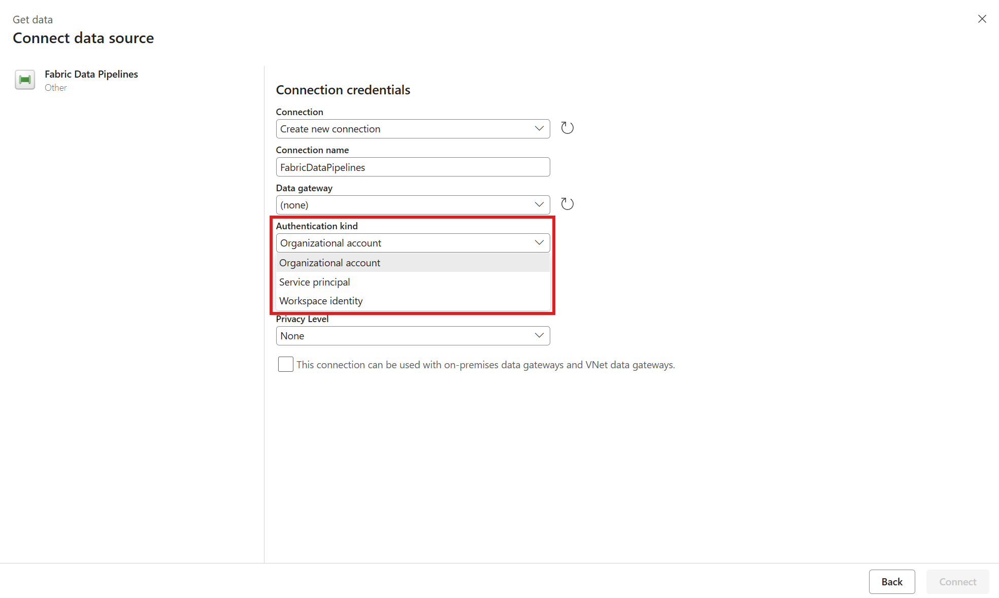 Screenshot showing the pipeline connection set up with Authentication kind highlighted.