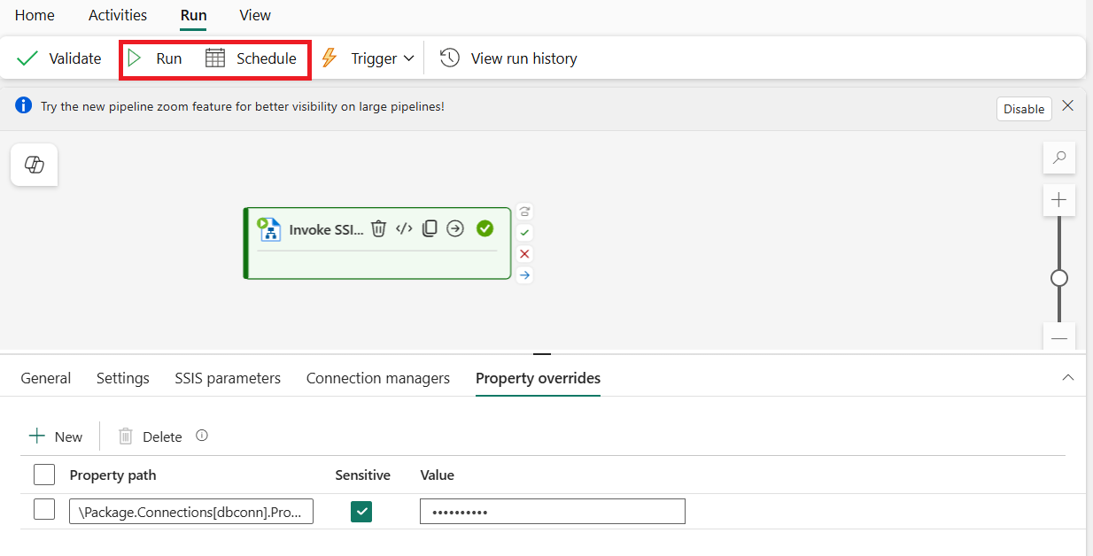 Screenshot showing the Home tab with Save, Run, and Schedule buttons highlighted.