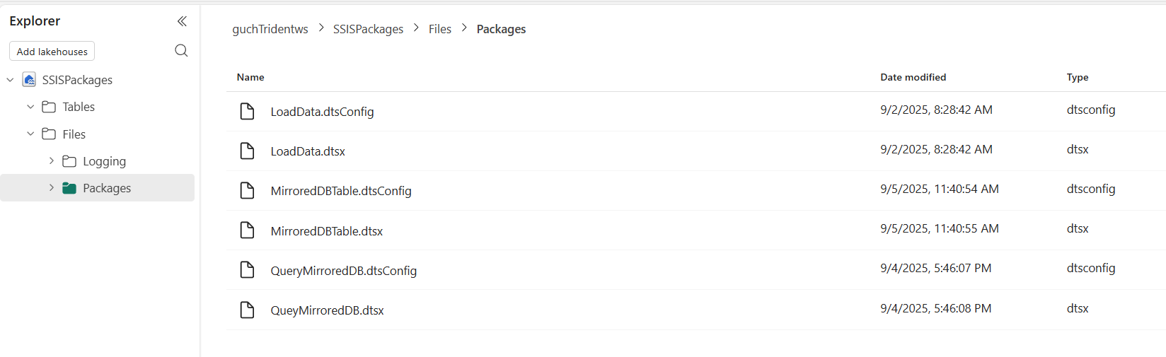 Screenshot showing SSIS packages uploaded to OneLake.