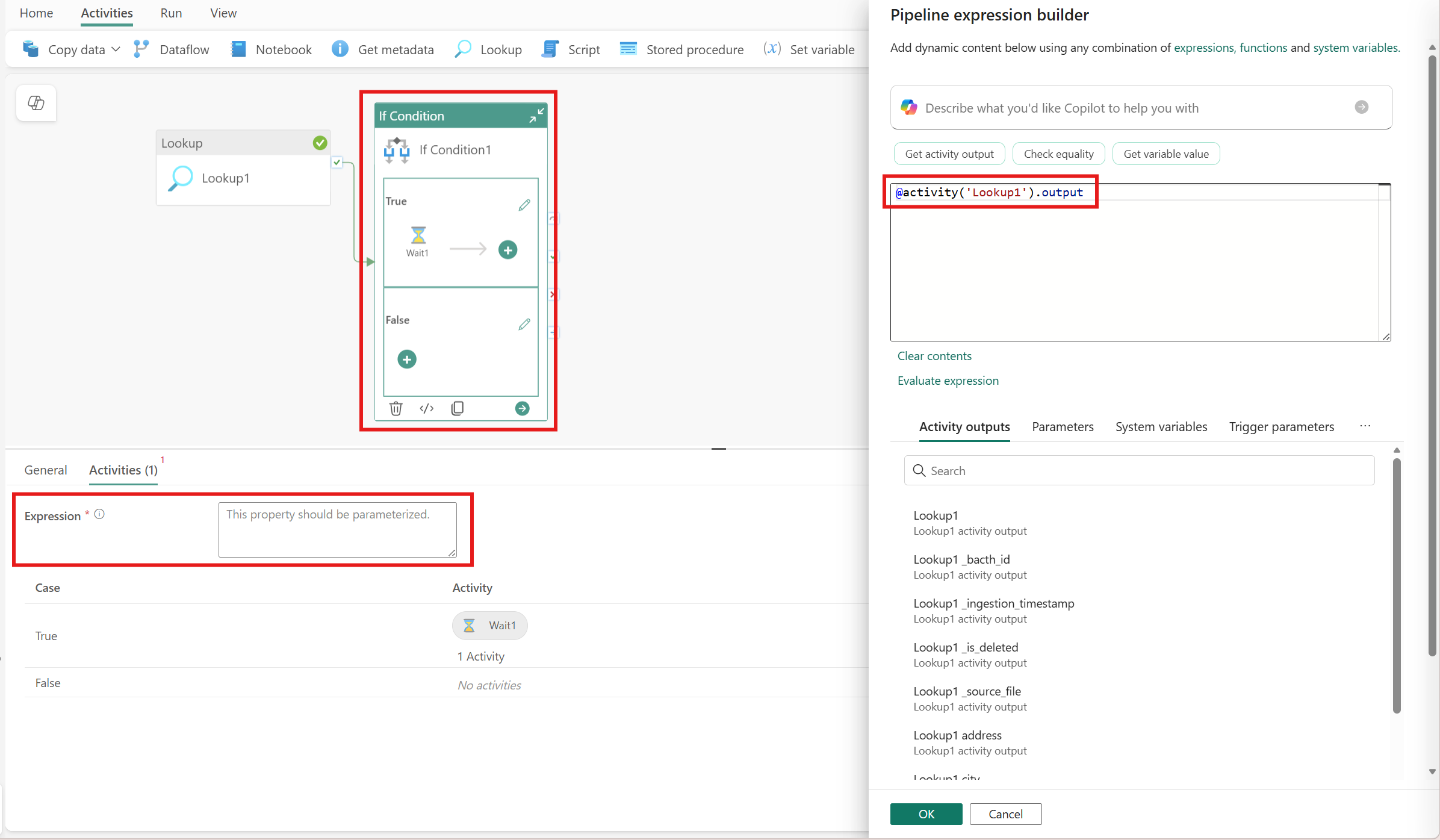 Screenshot showing how to use the output of the Lookup activity.