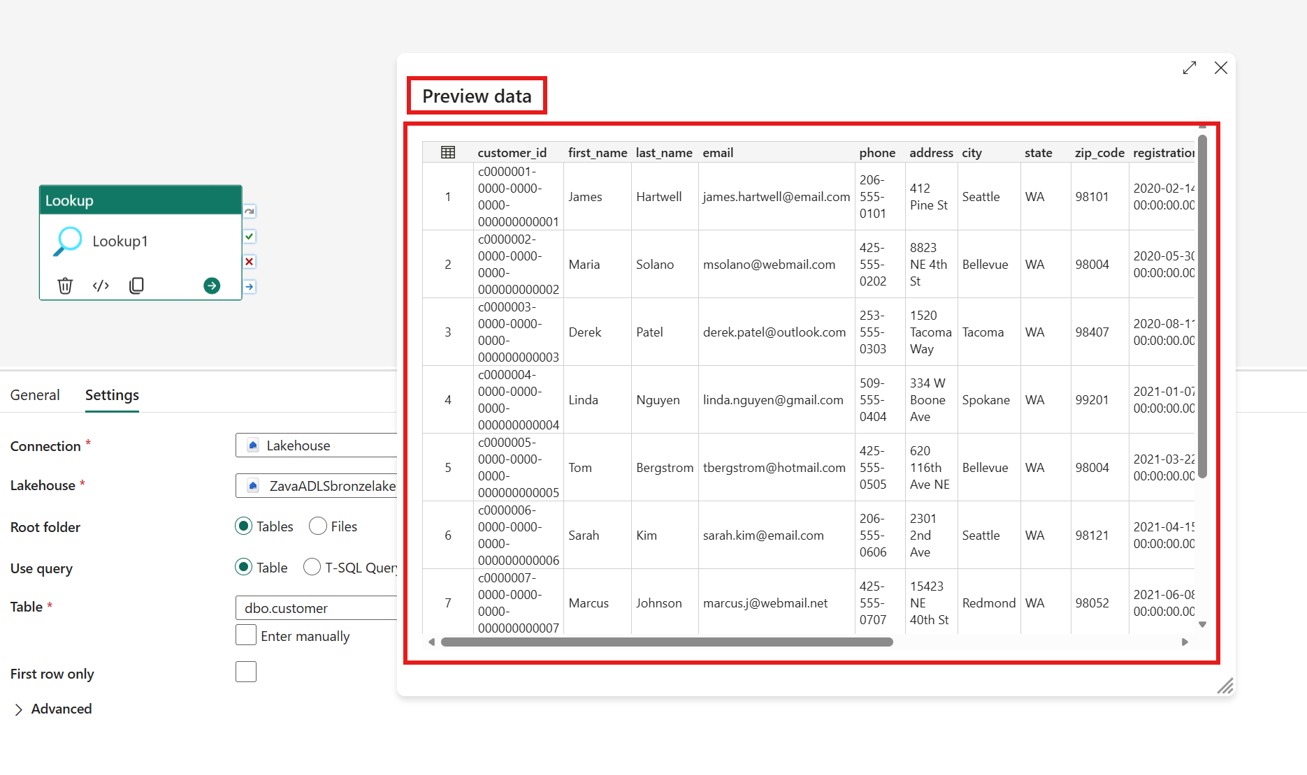 Screenshot showing the Lookup activity preview of selected data.
