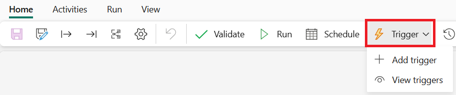 Screenshot showing where to select Trigger to add event-based run triggers on the home tab.