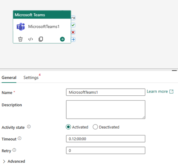 Screenshot showing the General settings tab of the Teams activity.
