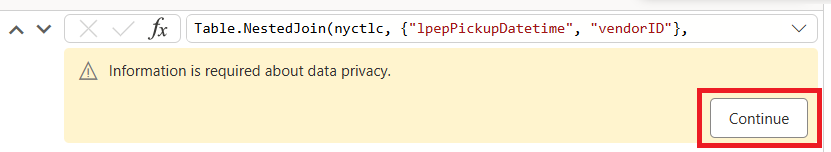 Screenshot showing the warning about combining data from multiple data sources with the Continue button highlighted.