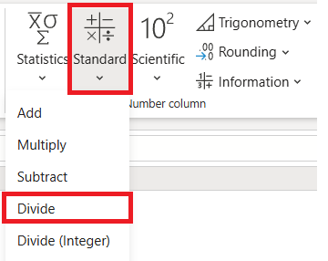 Screenshot showing the selection of the Divide option to transform data in the Discount column.
