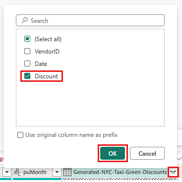 Screenshot showing the merged query with the column selection menu displayed for the newly generated column Generated-NYC-Taxi-Green-Discounts.