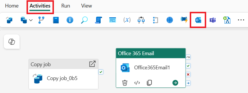 Screenshot showing the selection of the Office 365 Outlook activity from the Activities toolbar on the pipeline editor menu.