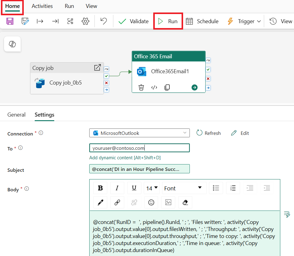 Screenshot showing the pipeline editor window with the Run button highlighted on the menu.