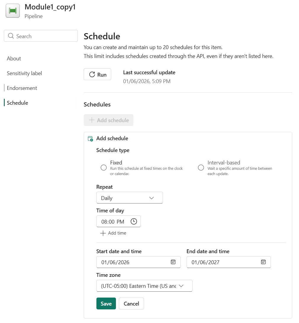 Screenshot showing the schedule configuration for a pipeline to run daily at 8:00 PM until the end of the year.