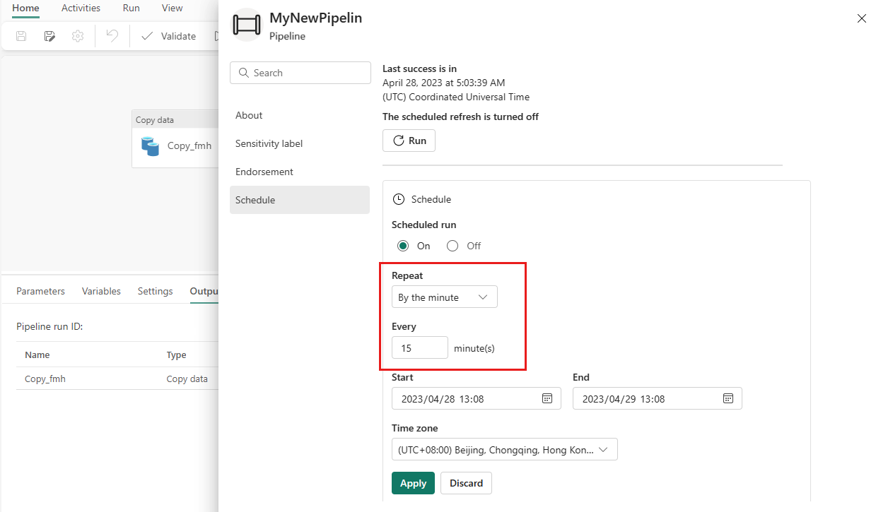 Screenshot showing the schedule dialog for the pipeline with a 15-minute recurring schedule.