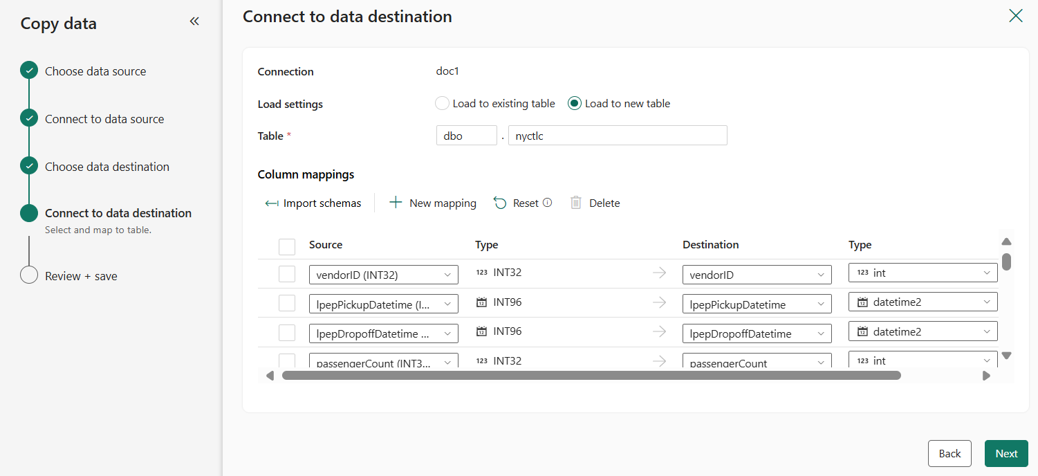 Screenshot showing the table name to create in the Warehouse destination.