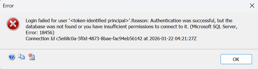 Screenshot of the SSMS error message when a valid initial catalog is not provided.