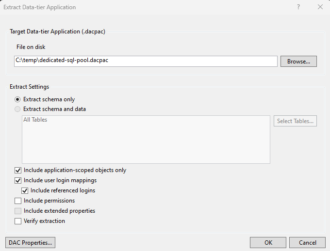 Screenshot of the Extract Data-tier Application wizard.