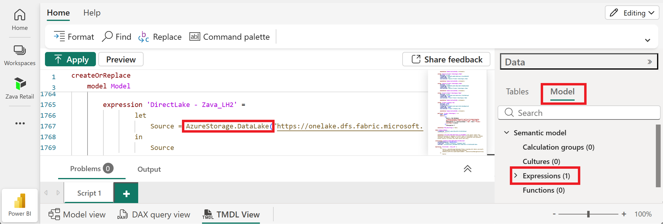 Screenshot showing the Azure Data Lake Storage Gen2 connector in TMDL view for a Direct Lake on OneLake model.