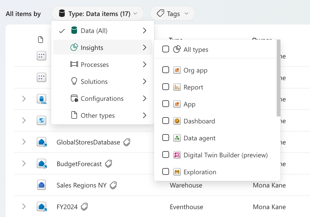 Screenshot of the OneLake catalog's item type selector.