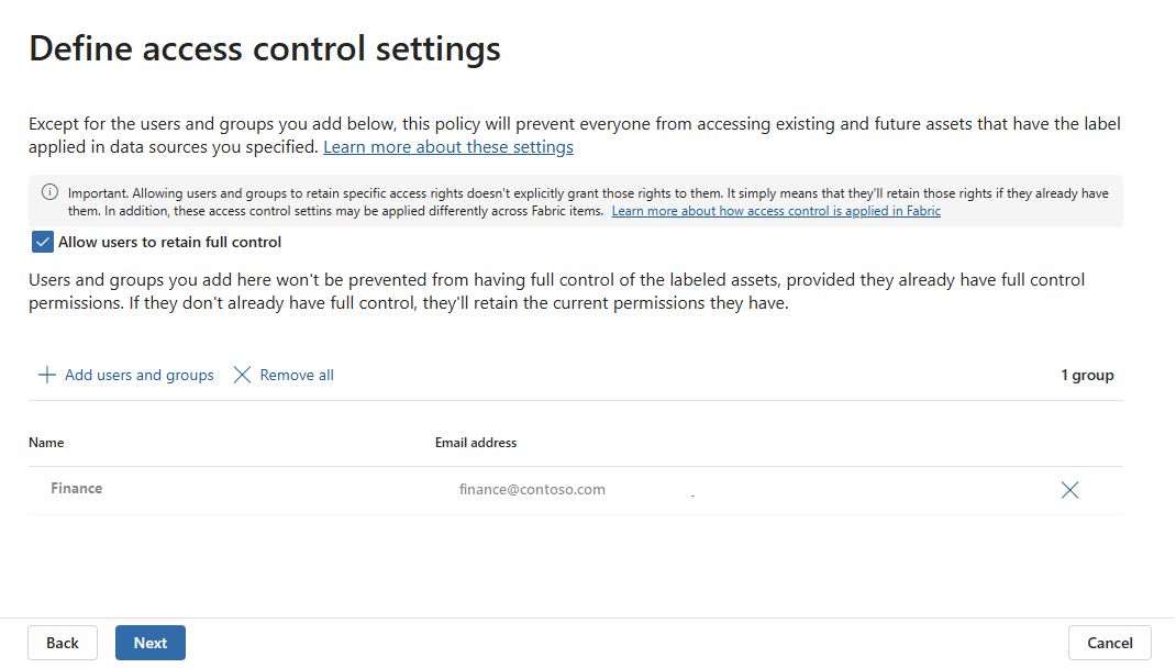 Screenshot of define access controls page in protection policy configuration.