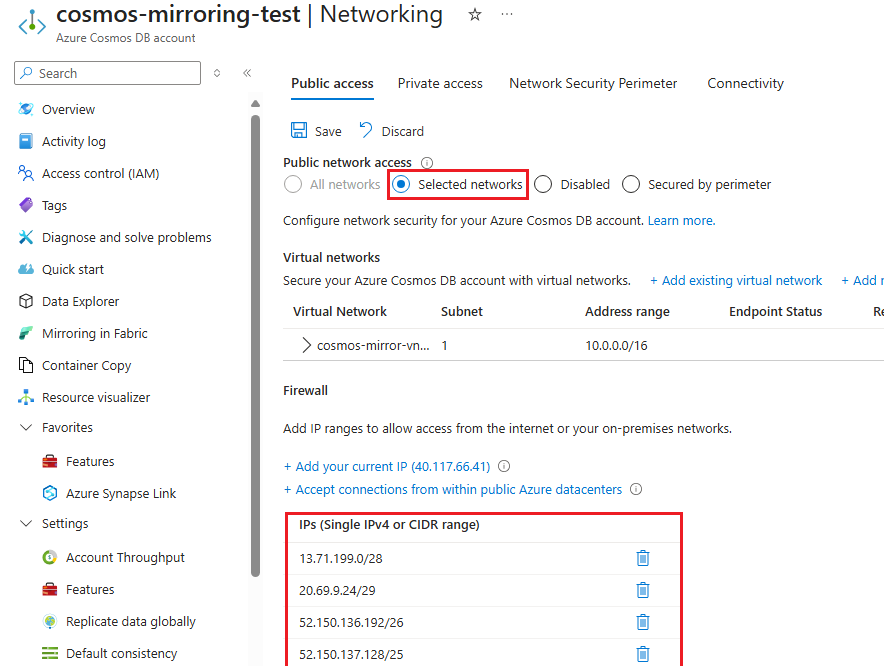 Screenshot showing public network access with IP addresses added to firewall.