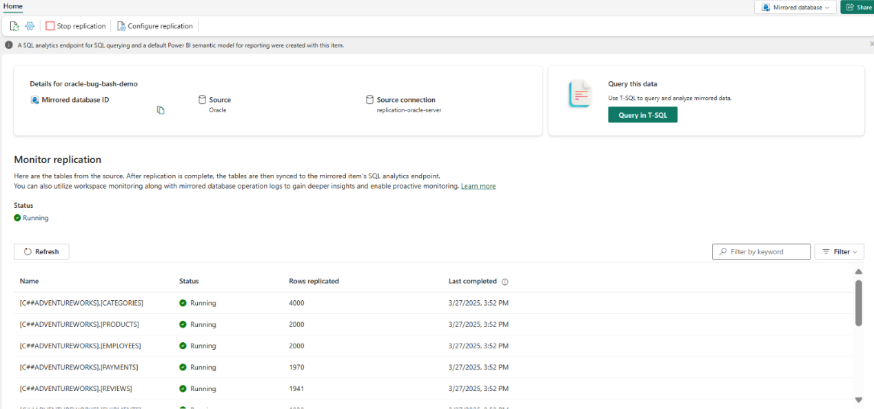 Screenshot of the mirrored database creation interface showing the connect button, mirror name field, and Create button after table selection.