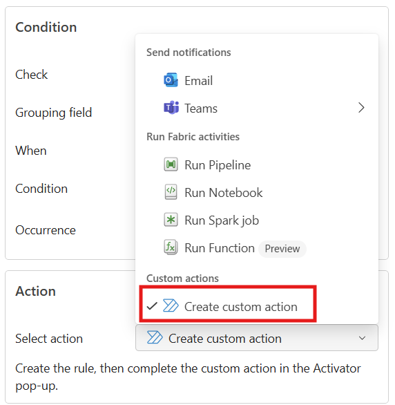 Screenshot of the Create custom action section in the Add Rule side pane.