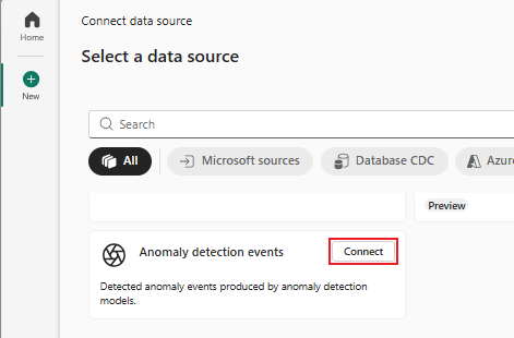Screenshot that shows the selection of Anomaly detection events as the source type in the Select a data source window from Eventstream.