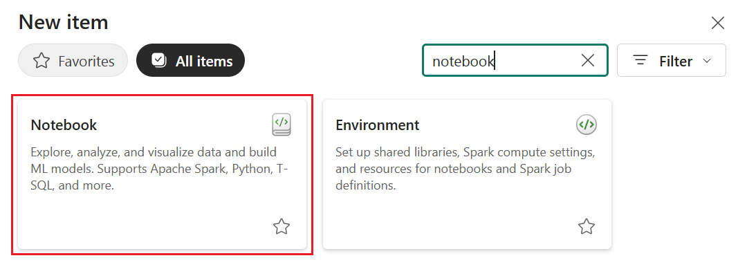 A screenshot of the Microsoft Fabric New item dialog with a search box containing the text notebook. The search results display a Notebook tile with a document icon, showing the description Create a notebook to explore data and build machine learning models. The Notebook option is highlighted indicating it can be selected to create a new notebook item.