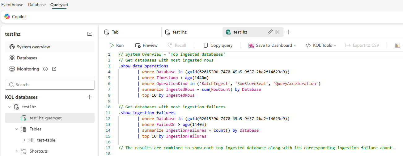 Screenshot of the Top 10 ingested databases KQL query.