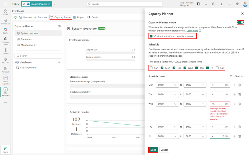 Screenshot showing the eventhouse capacity planner for the Eventhouse.