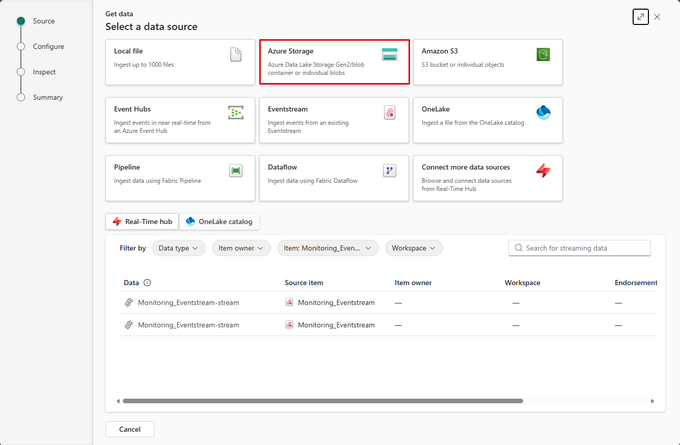 Screenshot of the get data tiles with the Azure storage option highlighted.