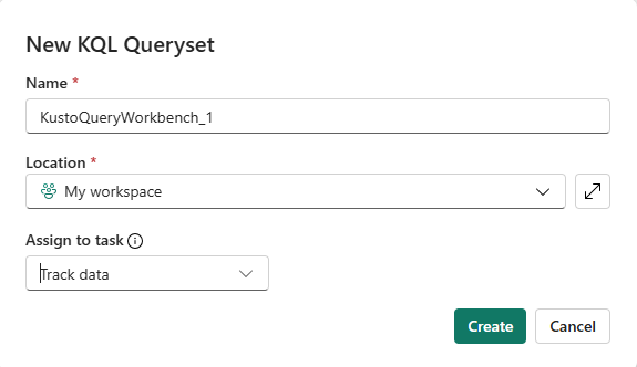 Screenshot of new KQL queryset window with name and location fields highlighted.