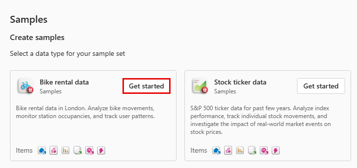Screenshot of the Create samples window showing the bike rental data and Get started button.