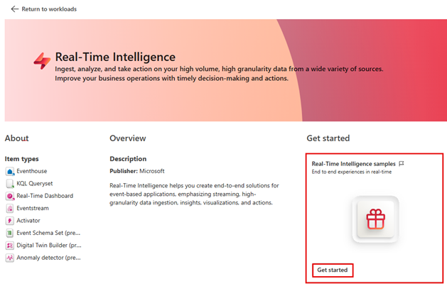 Screenshot of the RTI workload page with the Sample end to end experience tile highlighted.